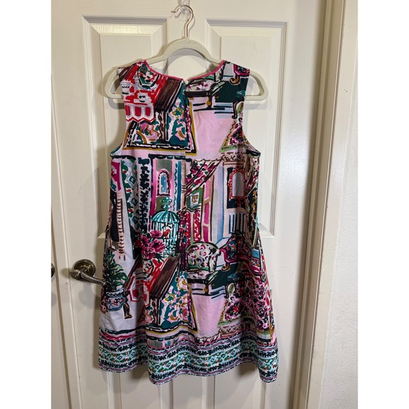 Anthropologie Sleeveless A-Line Dress Art Scene Print Pink Blue Size Medium - Picture 3 of 6